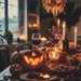 Halloween bord med græskar, stearinlys og pynt i hyggelig stemning.